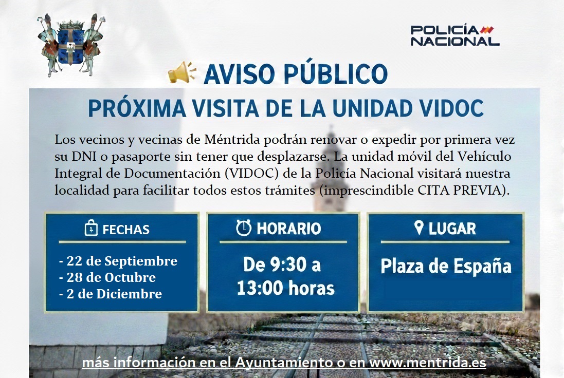 El servicio móvil de tramitación de DNI y Pasaporte atenderá en Méntrida el 5 de febrero